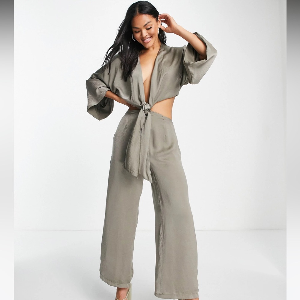 SNDYS satin tie front open back jumpsuit in olive NWT